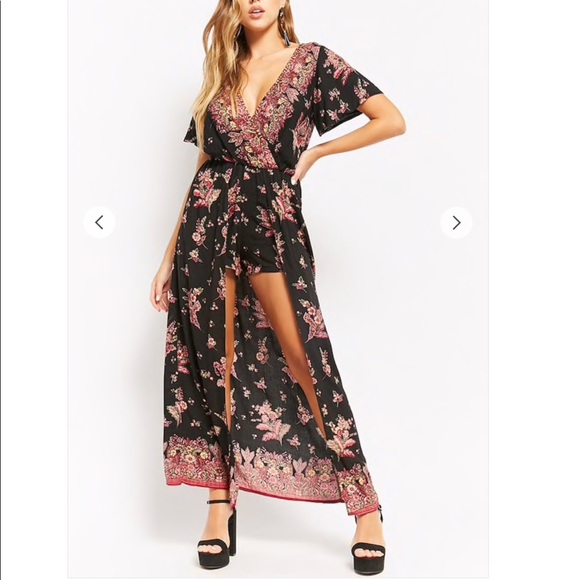 Angie Dresses & Skirts - Floral Romper Dress / Surplice High-Low Romper